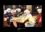  4girls ahoge altera_(fate) bad_id bad_twitter_id black_dress black_jacket black_shorts blonde_hair coat couch cup dress drinking_glass drinking_straw fate/grand_order fate_(series) food holding holding_phone hood hooded_jacket inactive_account indoors jacket jeanne_d&#039;arc_alter_(fate) kerorira long_sleeves mash_kyrielight mordred_(fate) multiple_girls on_couch open_mouth phone pink_hair plate purple_coat red_shirt restaurant shirt short_hair shorts sitting table translation_request window yellow_eyes yellow_jacket 