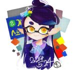  1girl black_hair blue_suit bow-shaped_hair callie_(splatoon) closed_mouth commentary_request dated eyelashes fugu64_maple inkling long_hair mole mole_under_eye orange_pupils pointy_ears see-through_bowtie short_eyebrows simple_background smile solo splatoon_(series) splatoon_3 star-shaped_pupils star_(symbol) suit symbol-shaped_pupils tentacle_hair thick_eyebrows upper_body white_background yellow_eyes 