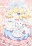  1girl bell blonde_hair blue_bow blue_eyes bow cat commission dress eyepatch hair_bell hair_bow hair_ornament highres jingle_bell long_sleeves medical_eyepatch open_mouth original skeb_commission sleeves_past_fingers sleeves_past_wrists triangle_mouth tyakomes wings 