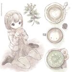  1girl artist_name black_footwear boots branch cup dress drinking greyscale highres latte_art leaf long_sleeves monochrome original polka_dot polka_dot_dress shiromomo_sofuto short_hair sleeves_past_wrists solo spoon steam 