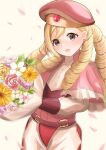  1boy :d bad_dobbyyyyy belt beret black_eyes blonde_hair bouquet commentary_request drill_hair eyelashes fire_emblem fire_emblem_fates flower forrest_(fire_emblem) gloves hat highres holding holding_bouquet long_hair looking_at_viewer male_focus open_mouth otoko_no_ko pink_flower quad_drills red_gloves simple_background smile solo standing white_background yellow_flower 