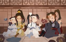  4boys alyruko bell bindi black_hanfu blue_trim blush chinese_clothes closed_eyes hair_ornament hanfu headband holding holding_jar indoors instrument jar jin_ling lan_jingyi lan_sizhui male_focus modao_zushi multiple_boys music neck_bell on_floor ponytail pouring sitting sleeping smile spoken_zzz table tongue tongue_out wei_wuxian white_hanfu white_headband yellow_eyes yellow_hanfu zzz 