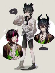  3boys aged_down black_hair closed_eyes dragon_boy dragon_horns full_body horns lilia_vanrouge long_hair maka_(mksrw) male_focus malleus_draconia multicolored_hair multiple_boys oversized_clothes pink_hair pointy_ears shirt short_hair shorts simple_background socks speech_bubble streaked_hair twisted_wonderland vest yellow_eyes 