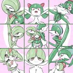  arm_blade closed_eyes colored_skin dress evolutionary_line gallade gardevoir green_hair hair_over_one_eye heart highres horns kashiwa_(3920kashiwa) kirlia looking_at_viewer multicolored_skin one_eye_closed open_mouth pink_eyes pokemon pokemon_(creature) ralts sidelocks smile two-tone_skin weapon white_dress white_skin 