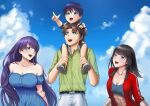 2boys 2girls absurdres black_hair blue_dress breasts clouds cloudy_sky commission dress fate/grand_order fate_(series) father_and_daughter father_and_son fujimaru_ritsuka_(male) highres if_they_mated martha_(fate) multiple_boys multiple_girls off-shoulder_dress off_shoulder purple_hair sky tagme tepanyakin 