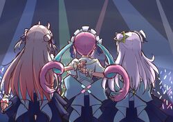  3girls blue_hair bow commentary_request concert double_bun from_behind glowstick gradient_hair grey_hair hair_bun hand_on_another&#039;s_back hat hexagram_hair_ornament highres hololive hololive_idol_uniform_(bright) horns long_hair minato_aqua multicolored_hair multiple_girls murasaki_shion nakiri_ayame official_alternate_costume oni pink_hair redhead tunakou27 two-tone_hair virtual_youtuber white_hair 