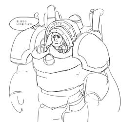  1boy armor cape chapped_lips commentary cowboy_shot death_guard english_commentary greyscale korean_text lineart male_focus monochrome mortarion mr10101110 pauldrons primarch shoulder_armor simple_background sketch solo unfinished warhammer_40k white_background 