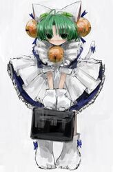  1girl absurdres bell briefcase closed_mouth dejiko di_gi_charat dress full_body green_eyes green_hair hair_bell hair_ornament hairo_(r228n) highres holding holding_briefcase jingle_bell looking_at_viewer neck_bell short_hair short_sleeves solo tail 