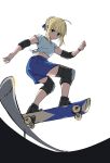  1girl ahoge artoria_pendragon_(fate) black_footwear blonde_hair blue_ribbon blue_shorts closed_mouth elbow_pads fate/stay_night fate_(series) full_body green_eyes hair_bun hair_ribbon knee_pads ribbon saber_(fate) shirt short_hair short_sleeves shorts simple_background skateboard skateboarding solo tied_shirt ware_to_nanji_ga_chikara_mote white_background white_shirt 