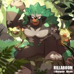  animal_focus artist_name character_name closed_eyes colored_skin designer_ojisan evolutionary_line fangs forest gorilla green_hair green_skin grookey highres holding holding_stick leaf long_hair monkey nature no_humans one_eye_closed open_mouth pokemon pokemon_(creature) rillaboom rock sitting sitting_on_rock stick sunlight tail thwackey twitter_username 