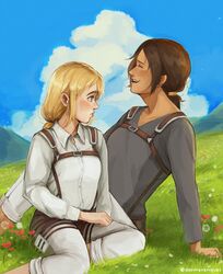  2girls belt blonde_hair blue_eyes blue_sky blush brown_hair closed_eyes clouds dosmerengues flower freckles grass grey_shirt highres hill krista_lenz laughing long_sleeves looking_at_another multiple_girls on_grass open_mouth pants ponytail shingeki_no_kyojin shirt sitting sky tan thigh_strap tomboy white_pants white_shirt ymir_(shingeki_no_kyojin) yuri 