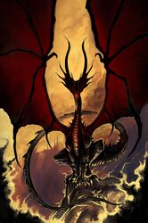  alivewake all_fours black_dragon_kalameet black_skin claws clouds colored_skin creature dark_souls_(series) dark_souls_i dragon dragon_horns dragon_wings full_body highres horns monster on_rock sitting sky smoke spines very_long_tail wings yellow_sky 