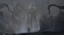  2others brown_coat building coat collared_shirt commentary_request cover cover_page debris giant giant_monster hat highres horror_(theme) kohata_(kohatazuke) monster multiple_others necktie novel_cover original rubble science_fiction shirt size_difference solo_focus suit witch_hat 