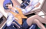  1990s_(style) 1girl amazuyu_tatsuki black_skirt blue_eyes blue_hair blue_necktie crossed_legs desk game_cg kannazuki_shiho looking_at_viewer necktie office_lady on_chair paper pc-98_(style) pia_carrot_(series) pia_carrot_e_youkoso!! retro_artstyle shirt sitting skirt solo vest white_shirt yellow_vest 