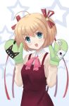  1girl :d absurdres ahoge animal_print apron aqua_eyes blonde_hair blush bow cat_print commentary cowboy_shot doyagao eyes_visible_through_hair green_mittens hair_between_eyes hair_ornament hair_ribbon hands_up highres kamikita_komari little_busters! little_busters!_school_uniform long_ribbon long_sleeves looking_at_viewer mittens mok_kan open_mouth pink_bow print_mittens red_apron red_ribbon ribbon school_uniform short_hair simple_background smile smug solo star_(symbol) star_hair_ornament sweater two_side_up v-shaped_eyebrows w_arms white_background yellow_sweater 