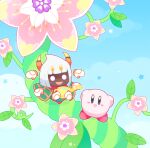  blue_eyes blue_sky blush_stickers cloak clouds colored_skin day dreamstalk extra_eyes extra_hands fangs flower green_cloak happy heterochromia holding holding_watering_can horns kae77p kirby kirby:_triple_deluxe kirby_(series) looking_at_viewer no_humans open_mouth outdoors pink_flower pink_skin red_footwear red_scarf scarf shoes short_hair sky smile solid_circle_eyes spider_web_print standing star_(symbol) taranza watering_can white_eyes white_hair yellow_eyes yellow_horns 