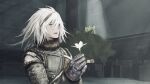  1boy absurdres armor blue_eyes commentary_request eshi_(eshi_lv3) flower from_side gloves hair_between_eyes hair_ornament highres holding holding_flower long_hair looking_ahead lunar_tear male_focus monochrome nier nier_(series) nier_(young) parted_lips smile solo upper_body white_flower white_hair 
