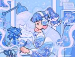 1girl blue_clouds blue_eyes blue_flower blue_hair blue_sweater blue_theme bookshelf calendar_(object) cat chair clouds commission computer constellation crescent_moon desk desk_lamp emily_kim fish flower forget-me-not_(flower) hair_ornament headphones highres holding holding_pen indoors lamp laptop liquid liquid_hair lofi_girl_(youtube) long_sleeves moon moon_phases notebook original pastel_colors pen ponytail scissors shell_hair_ornament sitting sparkle sweater turtleneck turtleneck_sweater underwater wave_print waves white_cat window