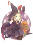  1girl ahoge argyle_background arm_up bat_(animal) black_dress black_gloves black_thighhighs blonde_hair bravely_default:_flying_fairy bravely_default_(series) cape commentary_request dress edea_lee elbow_gloves frilled_dress frills gloves green_eyes halloween hat jack-o&#039;-lantern jpeg_artifacts long_hair looking_at_viewer pantyhose pointing pointing_up pumpkin purple_background round_image seiza shrie sitting solo thigh-highs white_background witch witch_hat 