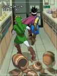  2boys blonde_hair boots brown_footwear cape dragon_quest dragon_quest_iii gloves green_hat hat highres kirby kirby_(series) link multiple_boys pointy_ears pra_11 purple_cape security_camera slime_(dragon_quest) spiky_hair the_legend_of_zelda 