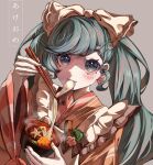  1girl apron blue_eyes blush bowl carrot chopsticks commentary earrings eating frilled_apron frills grey_background hair_ornament hairclip hatsune_miku highres holding holding_bowl holding_chopsticks japanese_clothes jewelry kimono long_hair looking_at_viewer mushroom ramika_(ramika0606) simple_background smile solo twintails vocaloid zouni_soup 
