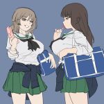  2girls aged_down bag black_hair blue_background breasts candy cellphone clothes_around_waist flip_phone food girls_und_panzer highres huaronanago large_breasts light_brown_hair lollipop long_hair multiple_girls nishizumi_shiho ooarai_school_uniform phone pleated_skirt school_bag school_uniform shimada_chiyo simple_background sketch skirt 