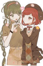  2girls alternate_costume bare_arms belt belt_buckle beret black_belt black_cat black_hat black_pantyhose blush_stickers bow bowtie brown_shirt brown_skirt buckle buttons cat chabashira_tenko coat collared_shirt commentary cowboy_shot danganronpa_(series) danganronpa_v3:_killing_harmony denim dress_shirt eyelashes flower gg_(dddcoco) green_eyes green_hair hair_bow hair_flower hair_ornament hairband hairclip hat heart heart_hands heart_hands_duo high_collar highres jeans layered_sleeves lolita_fashion long_hair long_sleeves low_twintails miniskirt mole mole_under_mouth multiple_girls o3o open_belt open_clothes open_coat open_mouth pants pantyhose pink_flower plaid_clothes plaid_skirt pocket red_bow red_bowtie red_eyes red_hairband redhead shirt short_hair simple_background skirt smile sparkle turtleneck turtleneck_shirt twintails v-neck very_long_hair vest white_background white_bow white_shirt wristband yellow_belt yellow_flower yellow_pants yellow_vest yumeno_himiko yuri 