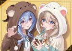  2girls :o absurdres alternate_costume animal_hood artist_name blonde_hair blue_eyes blue_hair blue_ribbon brown_pajamas commentary company_connection crossed_bangs crossover cup disposable_cup drinking_straw firefly_(honkai:_star_rail) ganyu_(genshin_impact) genshin_impact goat_horns hair_between_eyes hand_up hands_up harukix highres holding holding_cup honkai:_star_rail honkai_(series) hood hood_up hooded_pajamas horns long_hair long_sleeves looking_at_viewer mihoyo milkshake multicolored_eyes multiple_girls neck_ribbon open_mouth open_pajamas orange_ribbon pajamas pink_eyes pom_pom_(clothes) ribbon shirt upper_body violet_eyes white_pajamas white_shirt 