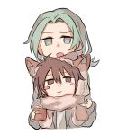  1boy 1girl animal_ears aqua_eyes aqua_hair blush_stickers brown_eyes brown_hair chinese_commentary closed_mouth commentary_request enomoto_noa fox_ears grey_jacket hair_bobbles hair_ornament highres isoi_haruki jacket long_sleeves low_ponytail open_clothes open_jacket open_mouth parted_bangs saibou_shinkyoku shirt short_hair shuijiaohao side_ponytail simple_background smile white_background white_shirt 