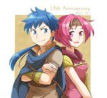  1boy 1girl aogaeru_(pixiv46613656) asymmetrical_gloves blue_eyes blue_hair colm_(fire_emblem) earrings fire_emblem fire_emblem:_the_sacred_stones gloves headband highres jewelry looking_at_another neimi_(fire_emblem) pink_eyes pink_hair yellow_gloves 