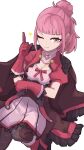  1girl ;) aaaakunaaaa cape closed_mouth dress fire_emblem fire_emblem:_three_houses fire_emblem_warriors:_three_hopes gloves hair_bun highres hilda_valentine_goneril index_finger_raised looking_at_viewer one_eye_closed pink_dress pink_eyes pink_gloves pink_hair short_sleeves smile solo star_(symbol) white_background 