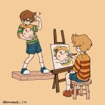  2boys back blonde_hair blue_eyes brown_hair child claus_(mother_3) doseisan easel full_body haru-cho highres lucas_(mother_3) male_focus mother_(game) mother_3 multiple_boys painting_(action) shirt short_hair shorts siblings sitting smile striped_clothes striped_shirt 