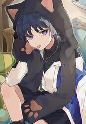  1boy :p alternate_headwear animal_ear_headwear animal_ears arm_at_side bishounen black_shirt black_shorts blue_jacket bright_pupils cat_ears chromatic_aberration closed_mouth couch cowboy_shot day dot_nose elbow_on_knee genshin_impact hakama hakama_shorts hand_on_own_cheek hand_on_own_face hand_up headwear_with_attached_mittens highres indoors jacket japanese_clothes jewelry knee_up male_focus multicolored_clothes multicolored_jacket necklace on_couch outline pillow scaramouche_(genshin_impact) shirt short_hair shorts single_off_shoulder sitting solo stuffed_animal stuffed_fish stuffed_toy tongue tongue_out turtleneck turtleneck_shirt two-tone_jacket violet_eyes wamin wanderer_(genshin_impact) wanderer_(wanderer_impression)_(genshin_impact) white_jacket white_outline white_pupils 