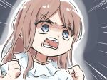  1girl angry bang_dream! bang_dream!_it&#039;s_mygo!!!!! blue_eyes brown_hair clenched_hands commentary_request jewelry long_hair lyy nagasaki_soyo necklace open_mouth puffy_short_sleeves puffy_sleeves shirt short_sleeves sidelocks solo teeth upper_body white_shirt 