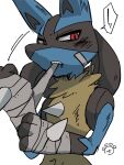  bandaged_arm bandages black_fur blue_fur highres lucario mouth_hold multicolored_fur pokemon pokemon_(creature) red_eyes sasa_mino26 signature simple_background slit_pupils solo speech_bubble spikes upper_body white_background yellow_fur 