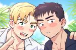  2boys ao_isami black_hair blonde_hair blush_stickers brown_eyes collarbone facial_hair green_eyes hand_on_another&#039;s_shoulder highres lewis_smith looking_at_viewer male_focus multiple_boys open_mouth palm_leaf pointing pointing_at_viewer portrait short_hair sideburns_stubble stubble wasted_m9 yuuki_bakuhatsu_bang_bravern 