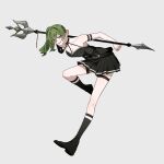 1girl arm_strap black_choker black_dress black_footwear black_gloves boots choker commentary_request dress full_body gloves green_hair highres holding holding_polearm holding_weapon jitome leaning_forward long_hair o-ring o-ring_choker parted_lips pleated_dress polearm side_ponytail single_glove solo sousou_no_frieren spear standing standing_on_one_leg suspenders_hanging thigh_strap ubel_(sousou_no_frieren) violet_eyes weapon yasato83 