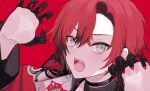  1boy bishounen black_choker black_gloves choker claw_pose fangs gloves highres holostars holostars_english machina_x_flayon male_focus open_mouth red_background red_nails redhead short_hair simple_background solo upper_body xmayo0x 