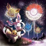  :d ;d artist_request blue_eyes blue_fur bright_pupils brown_fur building eevee evolution evolutionary_line fangs fireworks flareon flower grass highres jolteon looking_at_viewer night night_sky no_humans official_art one_eye_closed open_mouth outdoors pink_fur poke_ball poke_ball_(basic) pokemon pokemon_(creature) prehensile_ribbon river sky smile sylveon two-tone_fur vaporeon water white_fur white_pupils 