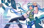  1girl absurdres black_footwear black_pants blue_eyes blue_hair commentary down_vest english_text fang green_vest hatsune_miku highres khazure long_hair open_clothes open_mouth open_vest pants shirt skin_fang smile solo twintails vest vocaloid white_shirt 