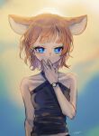  +_+ 1girl alternate_costume animal_ears artist_name bare_shoulders blue_eyes blue_shirt blunt_bangs breasts bright_pupils collarbone crop_top extra_ears fingernails halter_shirt halterneck hand_to_own_mouth hand_up highres indie_virtual_youtuber mau-chan_(7name) mouse_ears mouse_girl nail_polish naname_(7name) orange_hair original shirt signature sleeveless sleeveless_shirt small_breasts solo thick_eyebrows tight_clothes tight_shirt upper_body virtual_youtuber watch watch 
