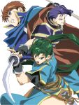  1990s_(style) 1girl 2boys armor blue_armor blue_cape blue_dress blue_hair cape dress eliwood_(fire_emblem) fire_emblem fire_emblem:_the_blazing_blade grey_hair hands_up hector_(fire_emblem) high_ponytail highres holding holding_sword holding_weapon long_hair lyn_(fire_emblem) multiple_boys red_cape redhead retro_artstyle scabbard sheath shino_(2919) short_hair side_slit simple_background sword weapon white_background 