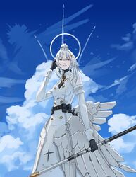  1girl absurdres armband belt belt_pouch black_belt black_gloves black_necktie clouds cross cross_earrings dress earrings garrison_cap gloves gown grey_armband grey_dress grey_eyes grey_hair hair_between_eyes hair_ornament halo hat highres holding holding_staff jewelry liv:_empyrea_(punishing:_gray_raven) liv_(punishing:_gray_raven) mechanical_wings necktie parted_lips pouch punishing:_gray_raven short_hair_with_long_locks sky solo staff trashpanda_11b white_armband wings x_hair_ornament 