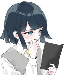  1girl black_hair blue_eyes blunt_bangs blunt_ends collared_shirt commentary danganronpa_(series) danganronpa_kirigiri english_commentary eyelashes fingernails grey_vest hand_on_own_chin holding holding_paper licking_lips licorne_(danganronpa) long_sleeves no+bi= paper parted_lips reading shirt short_hair simple_background smile solo tongue tongue_out upper_body v-neck vest white_background white_shirt 