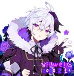  1girl ahoge androgynous arm_warmers black_hair character_name coat dated dress_shirt flower flower_(vocaloid) flower_(vocaloid4) fur_trim gloves highres hood hood_down multicolored_hair neck_ribbon open_mouth ribbon shirt short_hair single_arm_warmer star_(symbol) tomboy two-tone_hair user_hpax4234 v violet_eyes vocaloid watch watch white_hair winter_clothes winter_coat winter_uniform 
