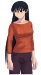 1girl arms_at_sides azuma_kiyohiko azumanga_daioh bad_id black_hair blue_eyes border brown_pants casual collarbone cover cover_page expressionless hair_between_eyes long_hair long_sleeves looking_afar looking_to_the_side manga_cover official_art orange_sweater pants ribbed_sweater sakaki_(azumanga_daioh) simple_background solo sweater tankoubon_cover very_long_hair white_background white_border 