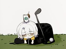  1boy bag bai_ling_(touqi_guaitan) ball chibi chibi_only chinese_commentary closed_eyes commentary_request crying cup_on_head drooling freckles golf_bag golf_ball golf_club grass in_bag in_container male_focus medium_hair mouth_drool muluo_cantu official_art open_mouth outdoors shirt solo starbucks touqi_guaitan white_hair yellow_shirt 