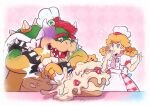  1boy 1girl apron armlet black_bracelet blonde_hair blue_eyes bowser bracelet braided_hair_rings cake chef_hat earrings food fruit hat highres holding_pipette horns jewelry necktie official_alternate_costume open_mouth patissiere_peach pink_necktie pipette plaid plaid_skirt princess_peach princess_peach:_showtime! puffy_short_sleeves puffy_sleeves red_eyes red_skirt redhead saiwo_(saiwoproject) sharp_teeth shirt short_sleeves skirt sphere_earrings spiked_armlet spiked_bracelet spikes strawberry super_mario_bros. teeth waist_apron white_apron white_hat white_shirt 