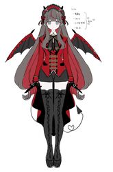  1girl black_bow black_bowtie black_footwear black_gloves black_shorts bow bowtie colored_inner_hair demon_horns demon_tail demon_wings frills full_body gloves grey_hair hairband highres horns jacket kodona lolita_fashion lolita_hairband long_hair long_sleeves looking_at_viewer mechiru multicolored_hair original red_jacket redhead shorts solo straight-on streaked_hair tail thigh_strap very_long_hair wings 
