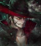  1boy artist_name beard black_hair collarbone commentary dracule_mihawk english_commentary facial_hair hat hat_feather highres looking_at_viewer male_focus mustache nanfe one_piece short_hair sideburns solo web_address yellow_eyes 